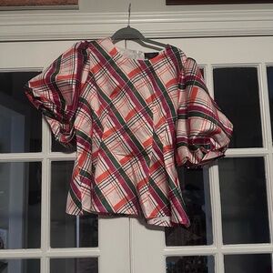 Gracia Check Pattern Puff Sleeve Peplum Top